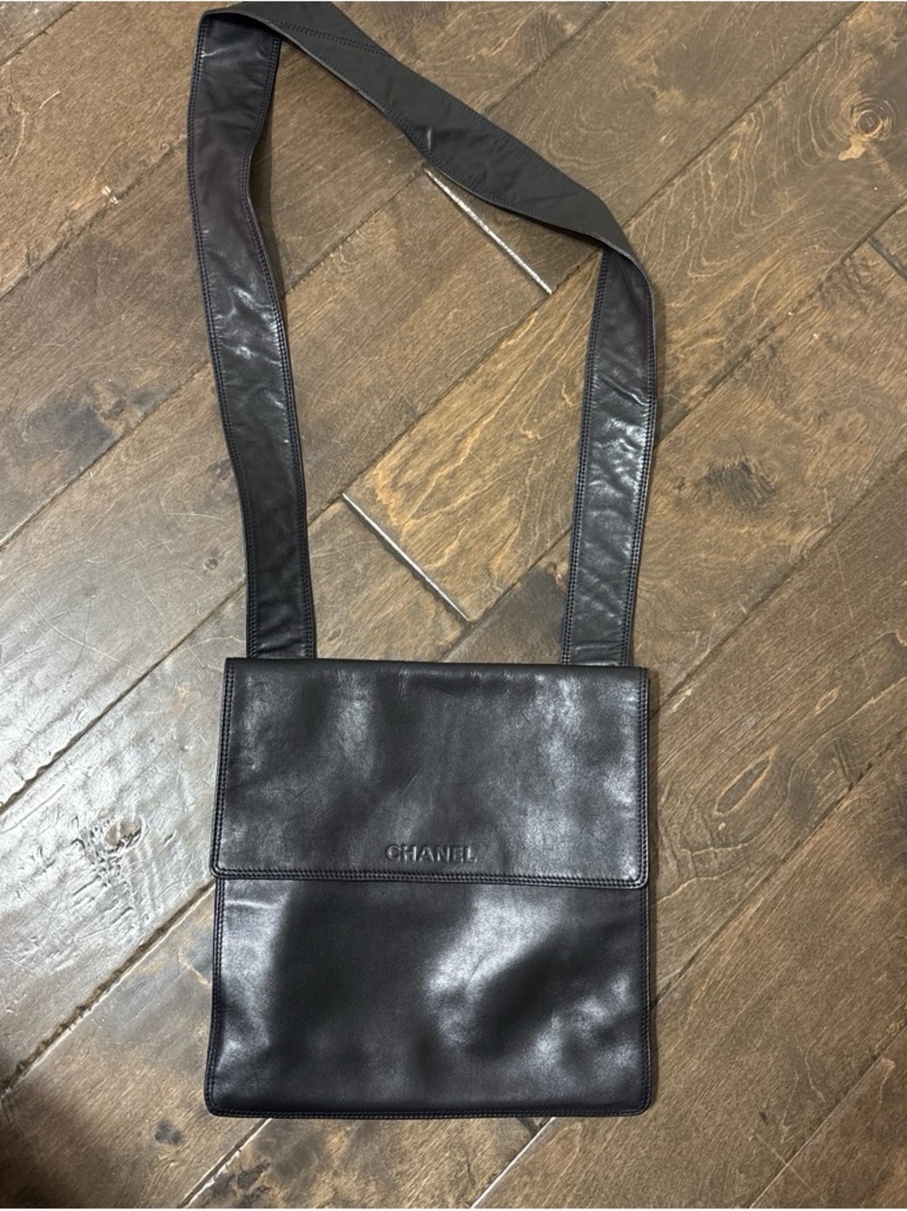 CHANEL Black Leather Messenger Bag with Long Strap
